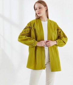Resim Dadali Etnik Nakışlı Oversize Keten Kimono Yağ Yeşili 