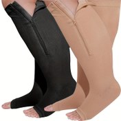 Resim 1 Çift Unisex Fermuarlı Açık Burunlu Kompresyon Çoraplar - Erkekler & Kadınlar için Plus Boyut Yüksek-Baldır Atletik Çoraplar, Siyah & Bej, Spor, Seyahat, Sevgililer Günü Hediyeleri, Basit Çorap Tasarımı, Dayanıklı Kompresyon Giyim, Esnek Kumaş Çoraplar 
