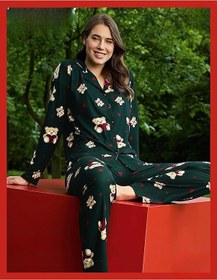 Resim Pijamoni Kadın Süet Önden Düğmeli Likralı Pijama Takımı 9 - 1 Adet 001 