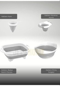 Resim 11'li Set Çamaşır Sepeti- Katlanır Sele- Badya- Kova- Maşrapa- Süzgeç- Kesim Panosu-huniler Bpa Free Beyaz - Gri 