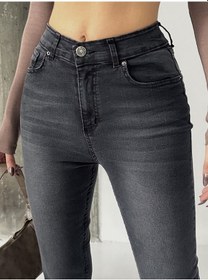 Resim Kadın Bıyık İşlemli Kot Dar Paça Jeans Füme 