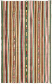 Resim 165x264 cm Girit Yeşil Çizgili Yün El Dokuma Modern Geometrik Etnik Eskitme Desenli Boho Oturma Odası Salon Yolluk Koridor Mutfak Halısı 