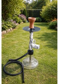 Resim Modern Cam Nargile Takımı 55 Cm Şeffaf Taban 19 Cm Seramik Lüleli, Kalın Hortumlu Premium Nargile Seti 