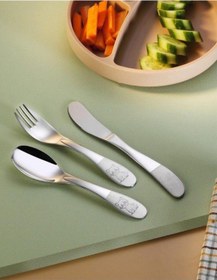 Resim Arsel Paslanmaz Çelik Çocuk Çatal Kaşık Bıçak Seti İsme Özel, Kedili, Kedi Desenli, Yazılı 18/10 Kalite Gümüş 