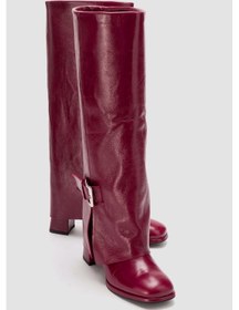 Resim Luvishoes Lojo Bordo Kırışık Rugan Hakiki Deri Tokalı Kadın Kalın Topuklu Çizme Bordo 