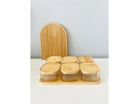 Resim EYD Bambu Tepsili Bambu Kapaklı Kahvaltılık 6'lı Bambu Kahvaltılık Vakum Kapaklı Cam Kahvaltılık 