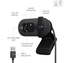 Resim 100 Full Hd Web Kamerası, Toplantı ve Yayın Amaçlı, Otomatik Işık Dengesi, Dahili Mikrofon, Gizlilik Kapağı, Usb-A, Microsoft Teams, Meet, Zoom ile Uyumlu, Siyah 