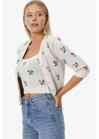 Resim Sementa Çiçek Motifli Crop Triko Takım - Kemik 001 