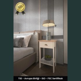 Resim B3 Concept Retro Serisi Özel Tasarım Tek Çekmeceli Yatak Yanı Komodin Safir Meşe - Bej 