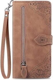 Resim ZTE Blade A54 için Kılıf, Deri Cüzdan Kapaklı Kitap Kapağı Kart Tutucu, Stand ve El Kayışı ile ZTE Blade A54 için Hoş Çiçek, Darbeye Dayanıklı Kabuk Kılıf, Kahverengi 