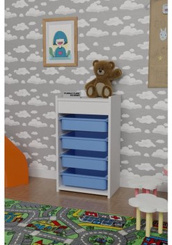 4 Sepetli Oyuncak Dolabı Çok Amaçlı Dolap Beyaz - Beyaz&Mavi Beyaz