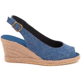 Resim Gerçek Elişi Burnu Açık Arkası Bantlı Dolgu Topuk Mavi Keten Hasır Espadril Handmade Saks Mavi 