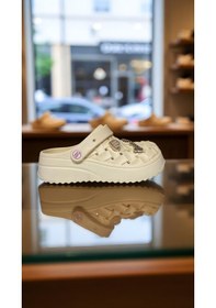 Resim Kadın Bahçe Plaj Hemşire Terliği - Hasır Görünümlü, Aksesuarlı, Hafif Ve Kaymaz Yazlık Model Krem 