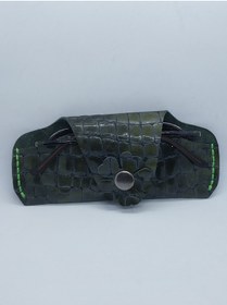 Resim sorte store Hakiki Deri Baskılı Haki Yeşil El Yapımı Handmade Gözlük Kılıfı 