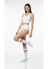 Resim Kadın 2 Li Tenis Çorabı Seti Gri & Beyaz Çizgili Spor Çorap Pamuklu Nefes Alabilir Çok Renkli 