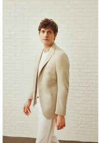 Resim AC&Co / Altınyıldız Classics Erkek Bej Yumuşak Dokulu Keten Slim Fit Dar Kesim Mono Yaka Diagonal Desenli Ceket Bej 