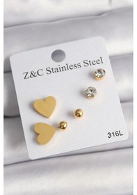 Resim 316l Çelik Gold Renk Zirkon Taşlı Kalpli Kadın Küpe Seti Çok Renkli 