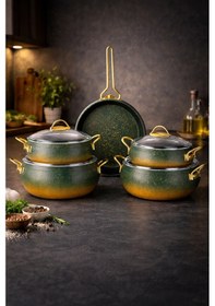 Resim Caldora Granit Güveç Tencere Seti 9 Parça Cam Kapaklı Set 20 Cm 24 Cm 28 Cm Derin Tencere + 28 Cm Basık + 28 Cm Tava Gold 