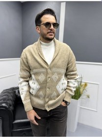 Resim Avni Ceylan Retro Desenli Şal Yaka Erkek Triko Hırka Bej 