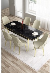 Resim Canisa Tia Serisi 80x132 Açılabilir Mdf Siyah Mermer Desen Gold Detay Masa Takımı Ve 6 Krem Sandalye Masa Siyah Mermer Desen Sandalye Krem 