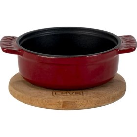 Resim Lava Döküm Yuvarlak Güveç Kabı Döküm Demir Yekpare Çift Kulplu Kayın Servis Ahşabı ÇAP(Ø)11CM.-BORDO 