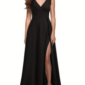 Resim Kadınlar için 1 adet Şık V-Yaka A-Line Maxi Elbise, Düz Renk Polyester Triko Kumaş, Tüm Mevsimlere Uygun Çok Amaçlı Elbise, Yetişkin Salıncak Tarzı Akşam Elbisesi 