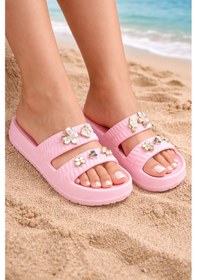 Resim Kadın Taşlı Şık, Rahat, Konforlu Eva Terlik Pembe 