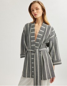 Resim Koton Pamuklu Rahat Kalıp Kemerli 3/4 Geniş Kol Uzun Kimono Lacivert Çizgili 5sak50014ew 7s2 