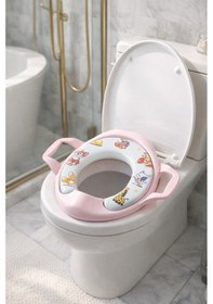 Resim Lux Çocuk Klozet Kapağı Kaymaz, Kulplu, Desenli,, Konforlu Tuvalet Adaptörü Kapağı Açık Pembe 