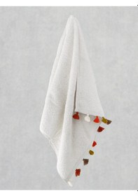 Resim Püsküllü Yumuşak Pamuk Havlu Yüksek Emicili El Havlusu 50x90 Cm Beyaz 