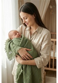 Resim 4 Katlı Müslin Bebek Pikesi %100 Pamuk 85x100 Yenidoğan Bebek Arabası Puset Örtüsü Battaniye Yeşil 