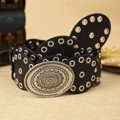 Resim 1 adet Kadın Siyah Yuvarlak Disk PU Kemer Bohem Tarzı Çiçek Toka Sokak Modası Temel Moda Çok Yönlü Kemer Günlük Kullanıma Uygun 