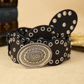 Resim 1 adet Kadın Siyah Yuvarlak Disk PU Kemer Bohem Tarzı Çiçek Toka Sokak Modası Temel Moda Çok Yönlü Kemer Günlük Kullanıma Uygun 