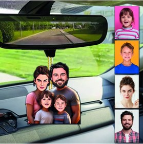 Resim wonderlike 4 Kişi Anne-Baba Çoçuk Tasarımlı Ahşap Araba Dikiz Ayna Süsü 