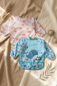 Resim melonika TinyJoy Su Geçirmez Uzun Kollu Mama Önlüğü Seti 6-24 Ay - 2'li Paket Ayıcık ve Balina Desenli Leke T 