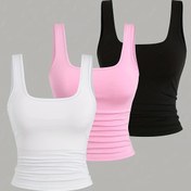 Resim 3 adet Kadın Düz Renkli Atlet Seti - Rahat Yaz V-Yaka Atletler Beyaz, Kırmızı ve Siyah Renklerde, Rahat Giyim İçin Nefes Alabilen Polyester Kumaş, Bayan Atletler 