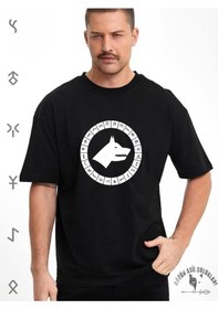 Resim Göktürk Kurdu -%95 Pamuklu Penye Kumaş - Yıkamaya Dayanıklı 1. Kalite Fleks Baskı SIYAH 