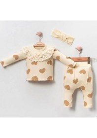 Resim Kalp Baskılı Fisto Yaka 3 Parça Kız Bebek Takımı %100 Pamuk Krem 