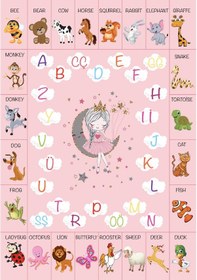 Resim Dijital Baskılı Dekoratif Kaymaz Taban Yıkanabilir Alfabe Temalı Modern Çocuk Halısı Pembe 