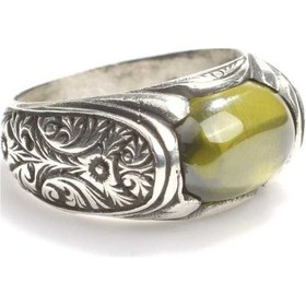 Resim 925 Ayar Gümüş Oval Taşlı Peridot Erkek Yüzük - 552866238 