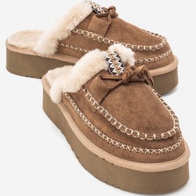Resim Luvishoes Yalına Toprak Süet Hakiki Deri Dikişli Kürklü Kadın Platform Tabanlı Makosen Terlik Toprak 