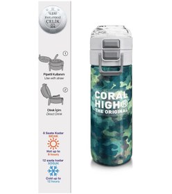 Resim Coral High Kids Nefti Kamuflaj Desenli Pipetli Ve Direkt İçim Çelik Termos 500 Ml 31845 Kamuflaj - Gri 