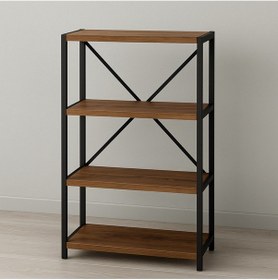 Resim Ofis Salon İçin Siyah Metal Çerçeveli 4 Raflı Endüstriyel Dosya Kitap Rafı 120x60x30 Cm Kahverengi 