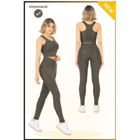 Resim Missmaral Slim Fit Yüksek Bel Toparlayıcı Haki / Khaki Spor Tayt Flatlock Dikiş Detaylı Fit Tasarım Oslo 1090 Haki 