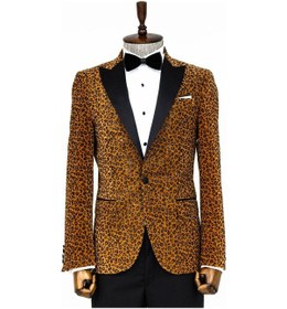 Resim Wessi Leopar Desenli Slim Fit Dik Yaka Sarı Erkek Balo Ceket Sarı 