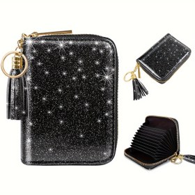 Resim Moda Kısa Payet Cüzdan Kart Tutucu Kadın Kredi Kartı Cüzdanı, Parıltılı Küçük Cüzdan, Püskül Süslemesi, Fermuar, Düzenli İç Kart Yuvası, Çoklu Kart Yuvası Fermuar Kart Çantası, Kızlar İçin Şık Hediye, Doğum Günü Hediyesi, Noel Hediyesi 