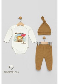 Resim Babyden's Abisinin Aslanı Yazılı 3 Lü Bebek Takımı Uzun Kollu Çıtçıtlı Body,fitilli Patikli Pantolon Şapka Set Açık Kahverengi 
