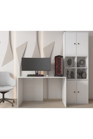 Resim nettrends.net the new trend of shopping Modüler Depolama Kuleli Oyuncu Çalışma Seti – 120 cm Masa + 4 Kapaklı Dolaplar Beyaz-PNR-OYNM-1001 
