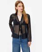 Resim Tül Transparan Gömlek Önden Bağlama Detaylı Uzun Kollu 