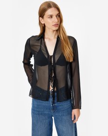 Resim Tül Transparan Gömlek Önden Bağlama Detaylı Uzun Kollu 